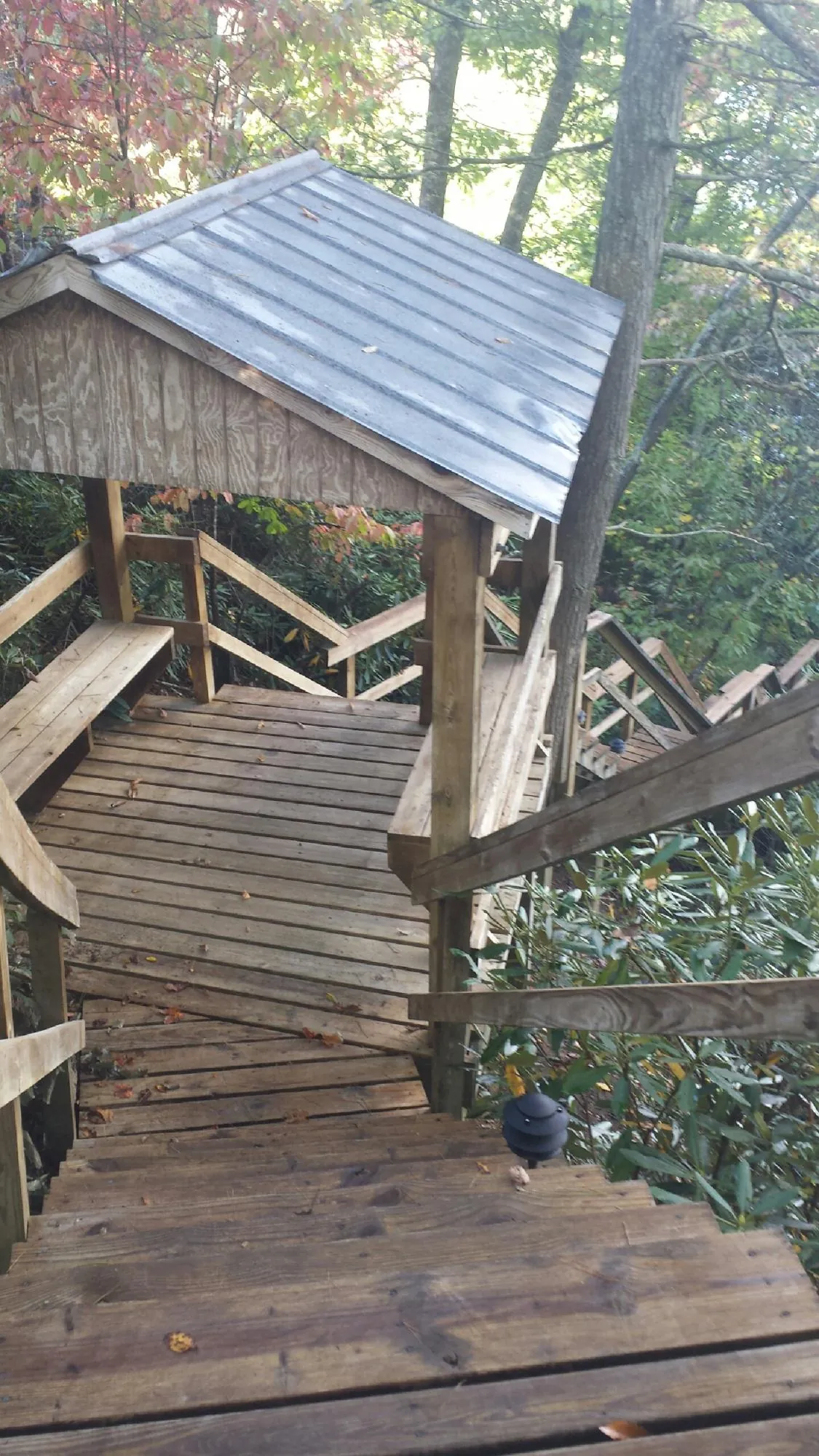 Metal roofed shelter over wooden steps on a wooded walkway — Skylight Repair & Installation work by our crew in Heath Springs
